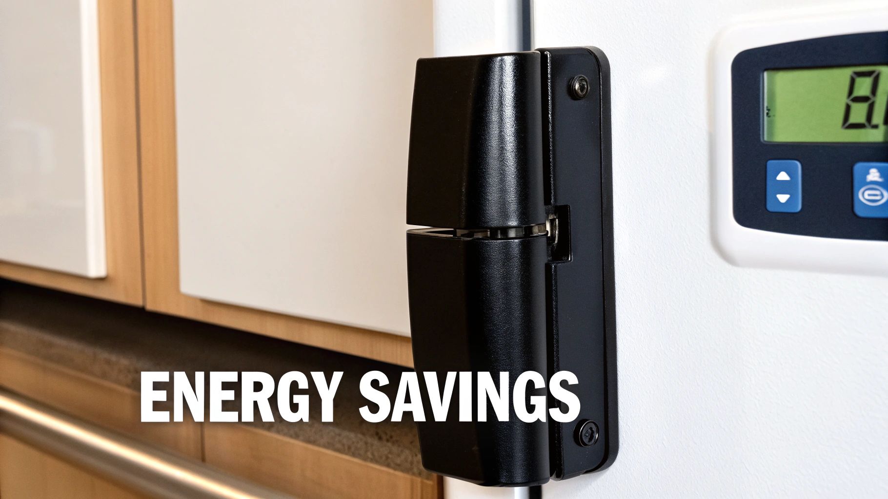A close-up of a white refrigerator featuring a black hinge and digital display, highlighting energy savings.