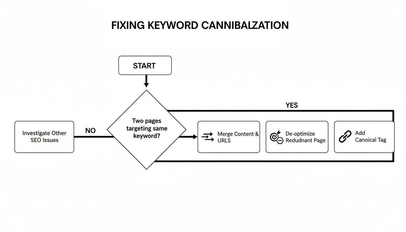 Flowchart illustrating steps to fix keyword cannibalization, including merging content and canonical tags.