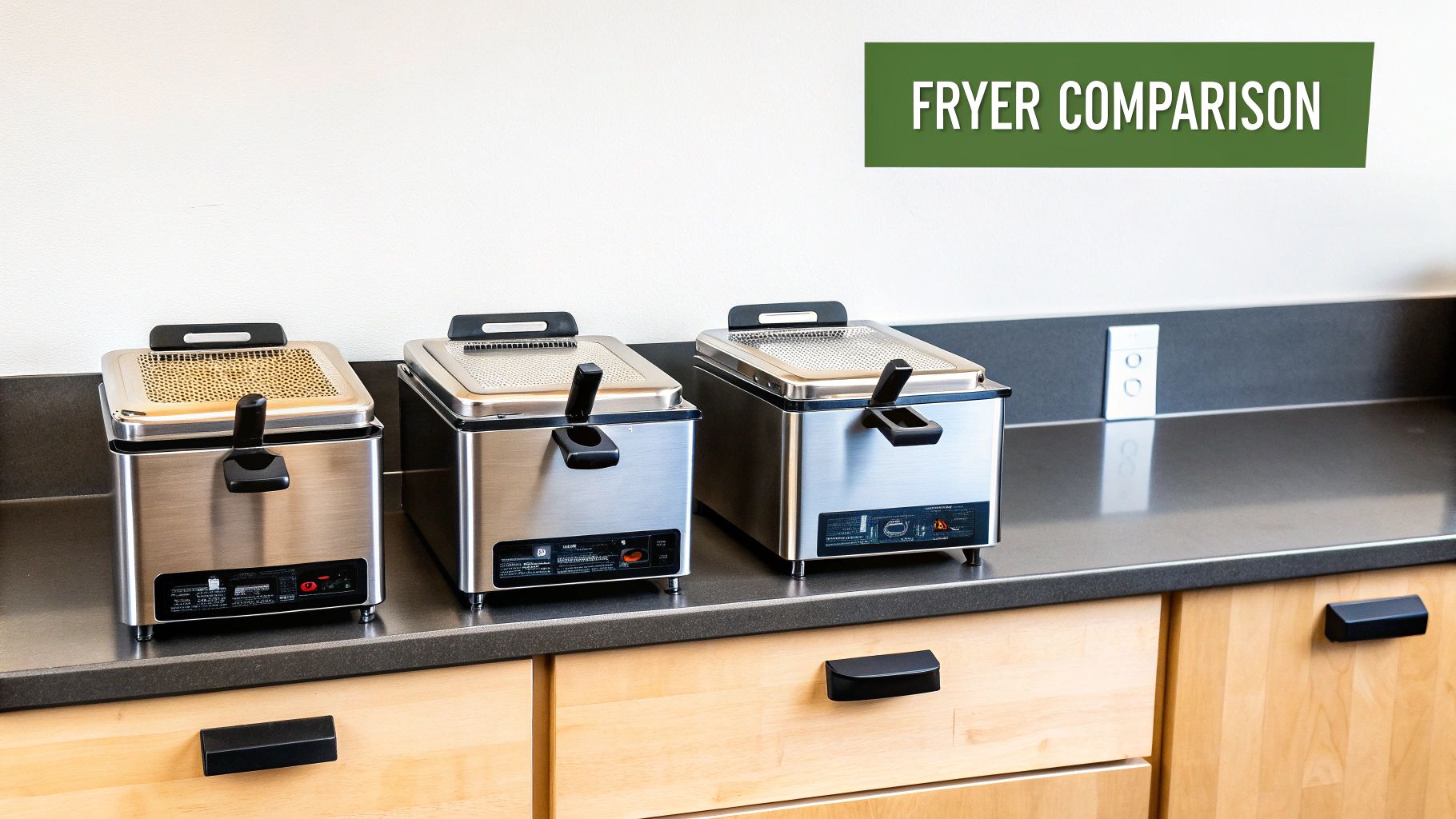 Close-up of a commercial kitchen deep fryer with golden french fries being lifted out of the hot oil