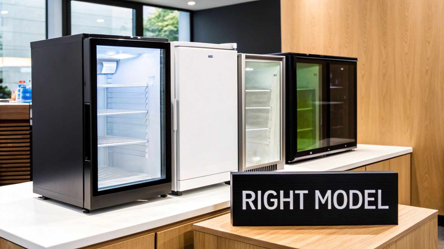 A row of various under-counter refrigerators and display coolers in a showroom, including an open black model.