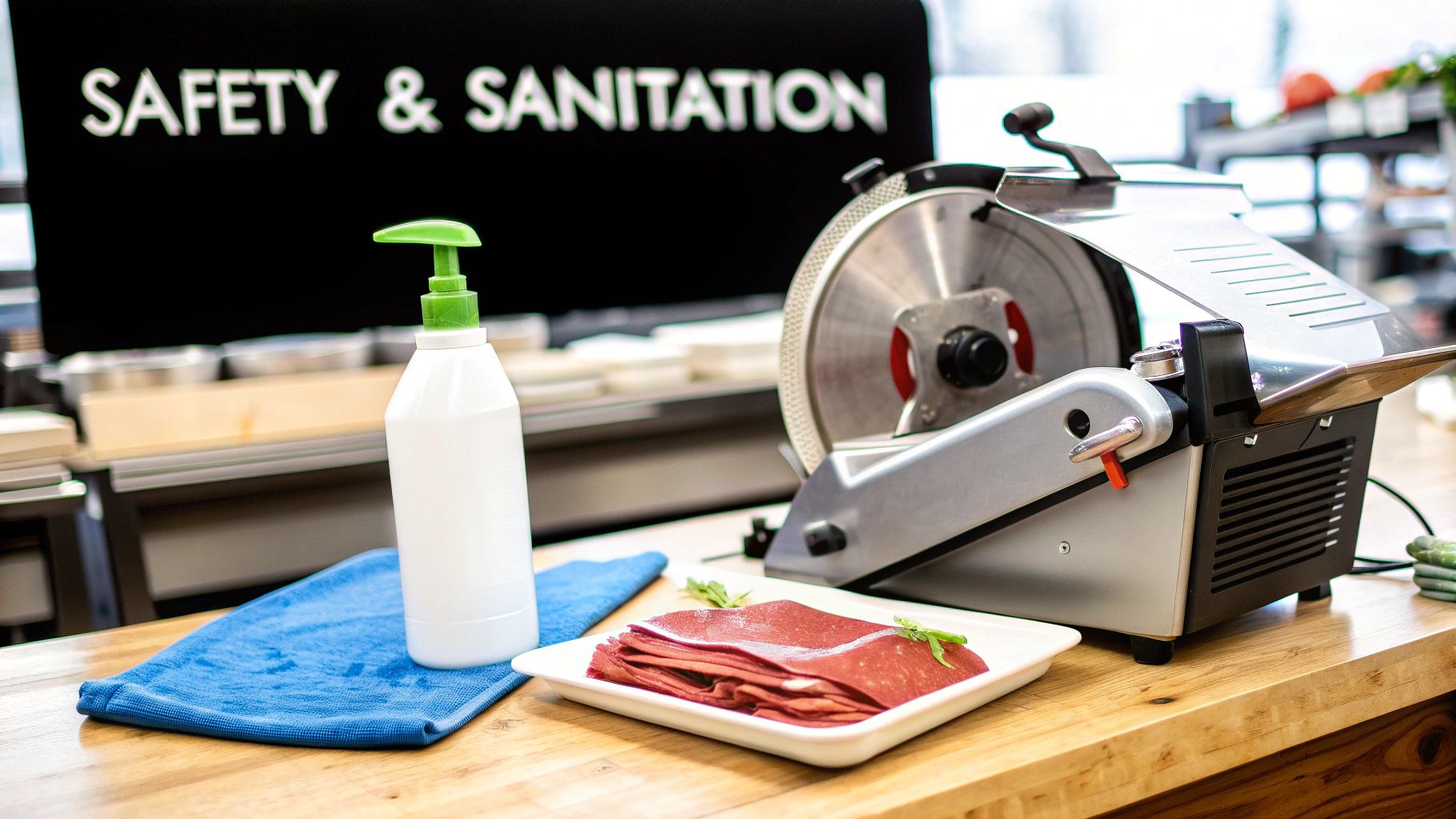 A commercial deli meat slicer, sanitizer, and neatly sliced meat on a wooden counter.