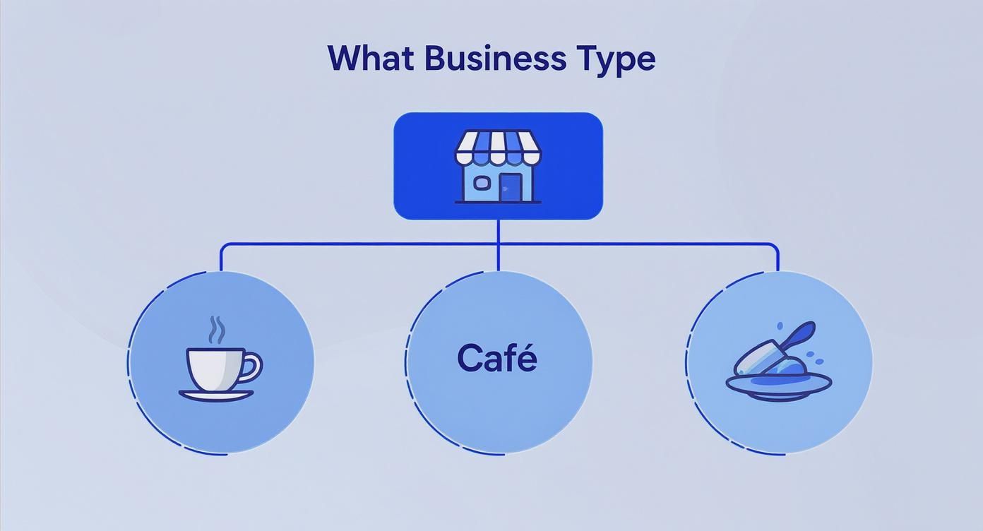 Business type selection diagram showing three food service options: coffee shop, café, and restaurant