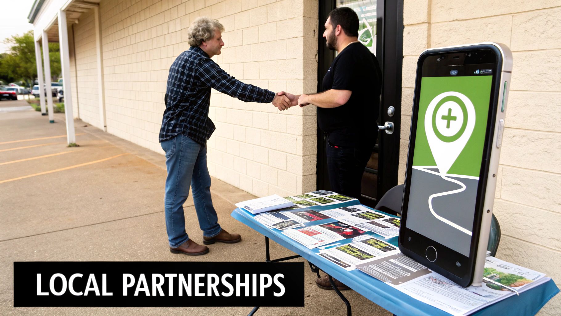 Two men shaking hands in front of a building, symbolizing local partnerships, with a smartphone displaying a map icon.