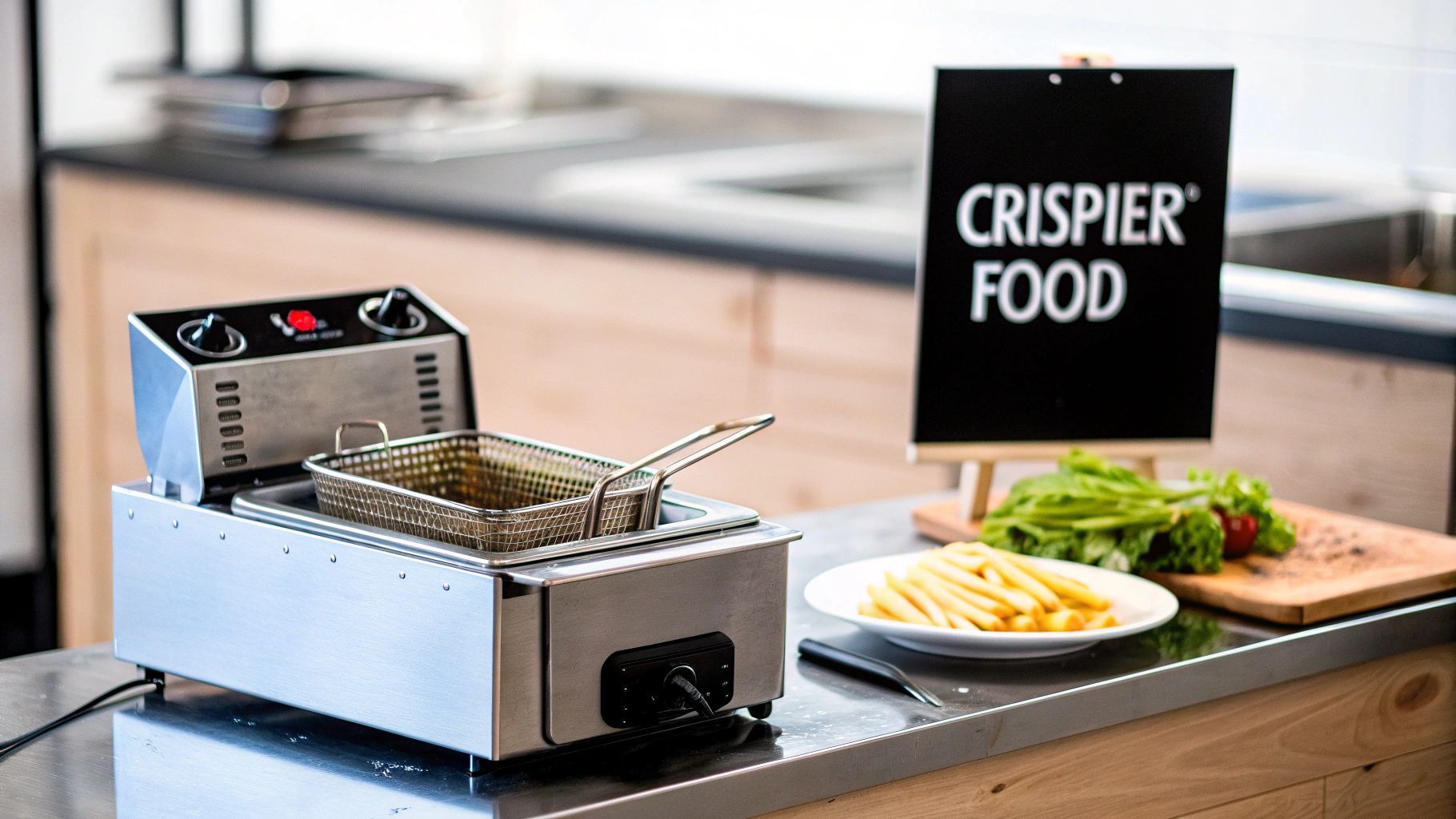 A clean commercial kitchen with a prominent deep fryer