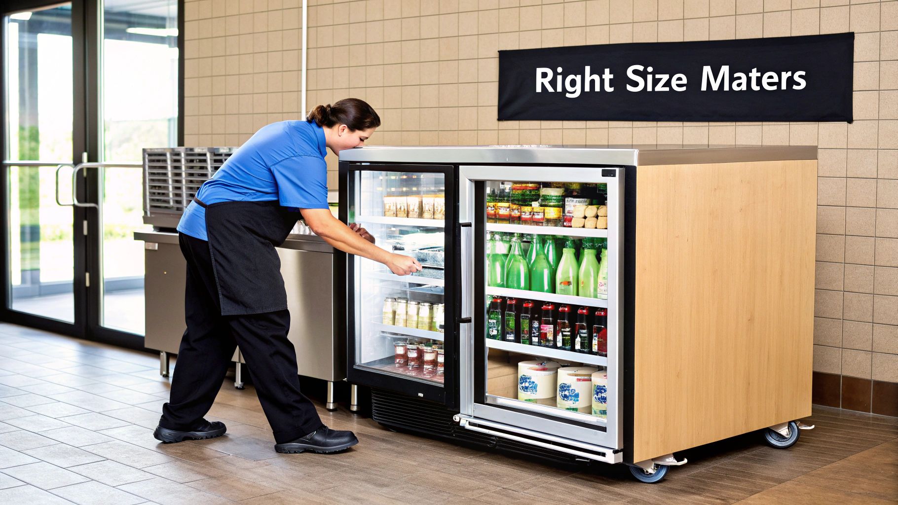 A food service worker stocks a glass-door undercounter refrigerator with beverages and food items.
