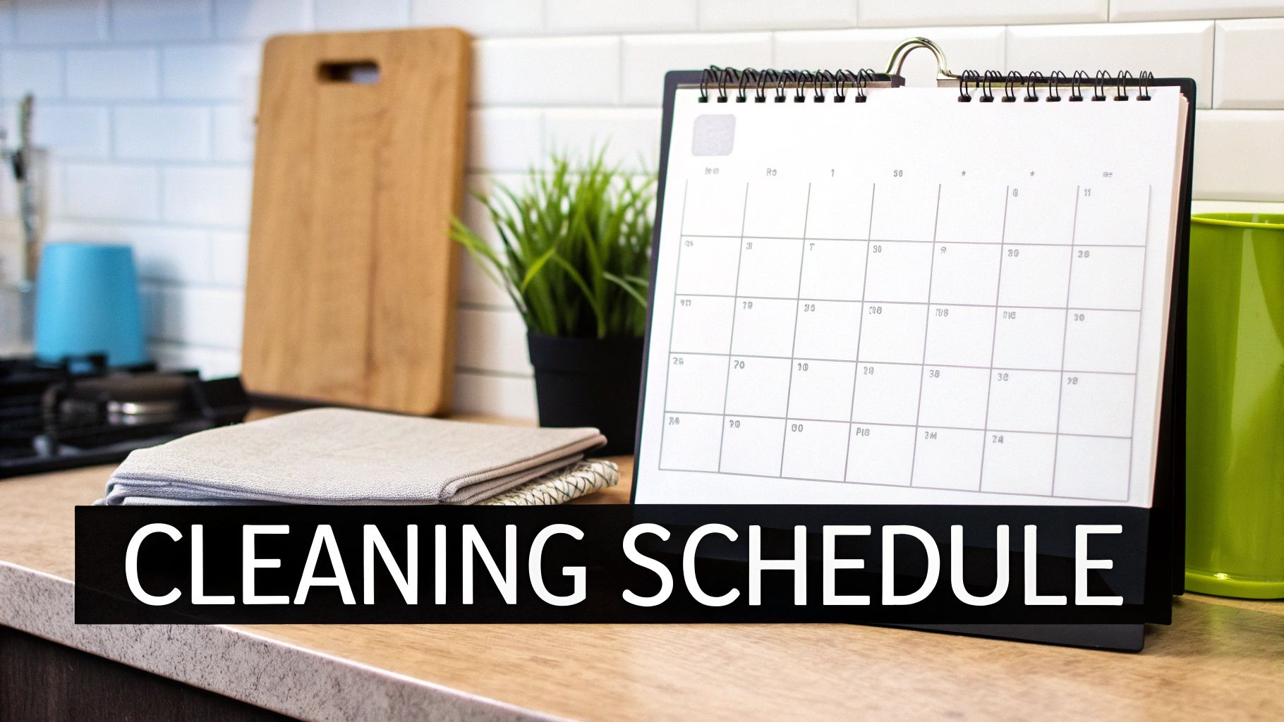 A calendar on a kitchen counter displaying a cleaning schedule, next to cleaning cloths and supplies.