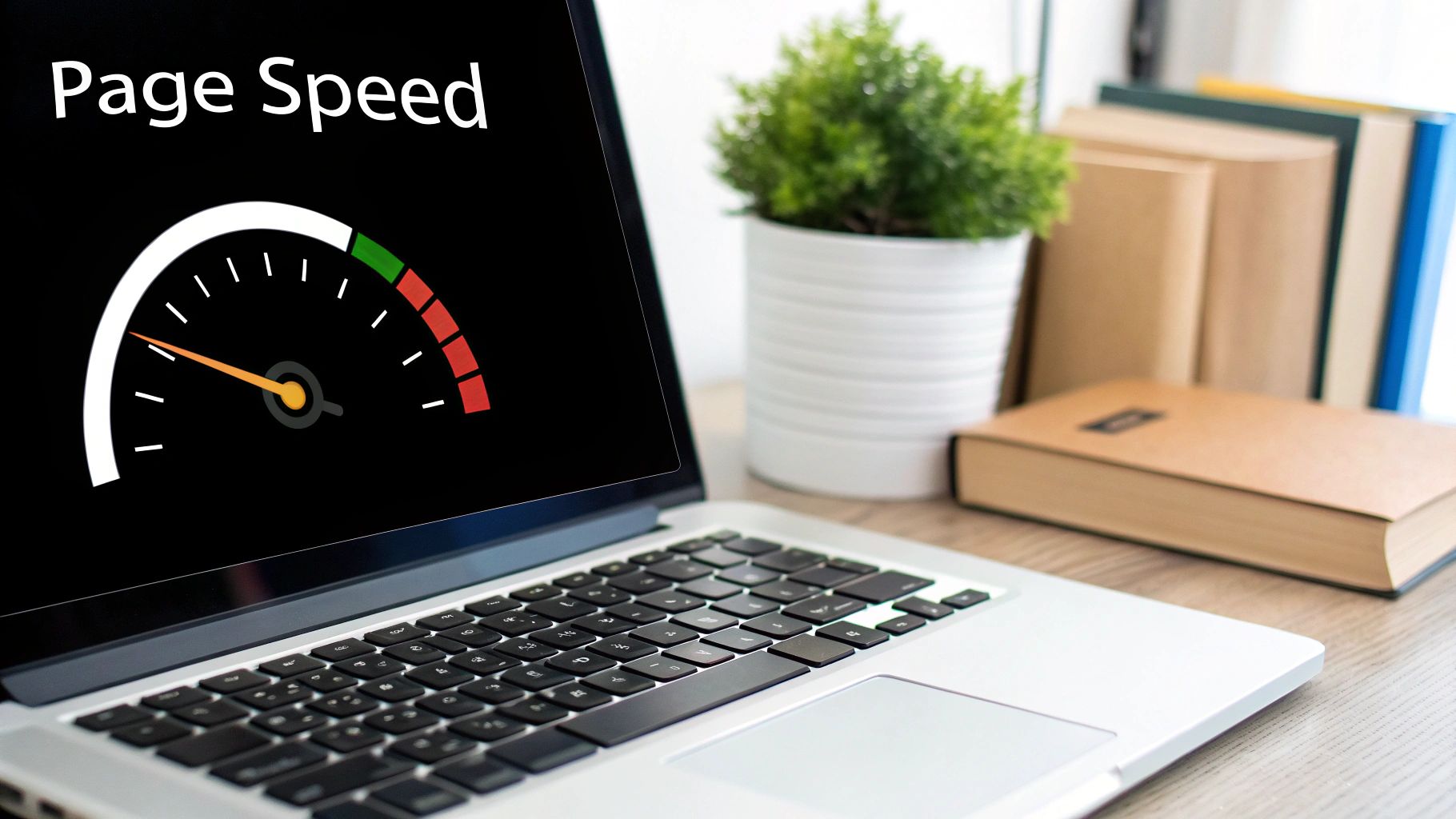 Laptop screen displays 'Page Speed' with a gauge showing fast performance, next to a plant and books.