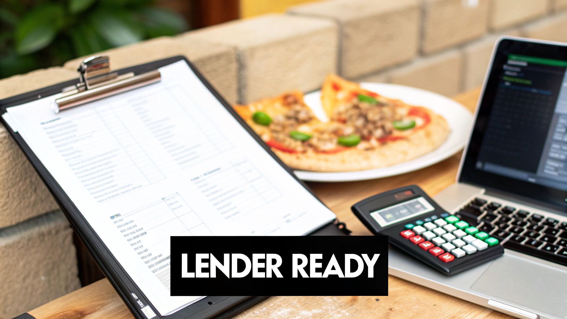 A desk scene with a clipboard, laptop, calculator, and two slices of pizza. Text overlay reads 'LENDER READY'.