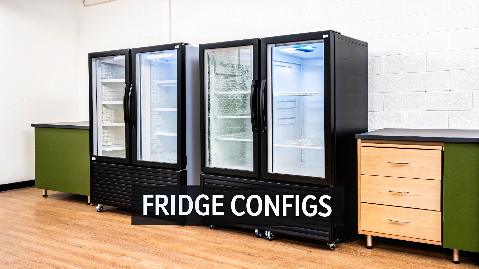 Multiple commercial display fridges with glass doors next to green and wooden counters in a brightly lit room.