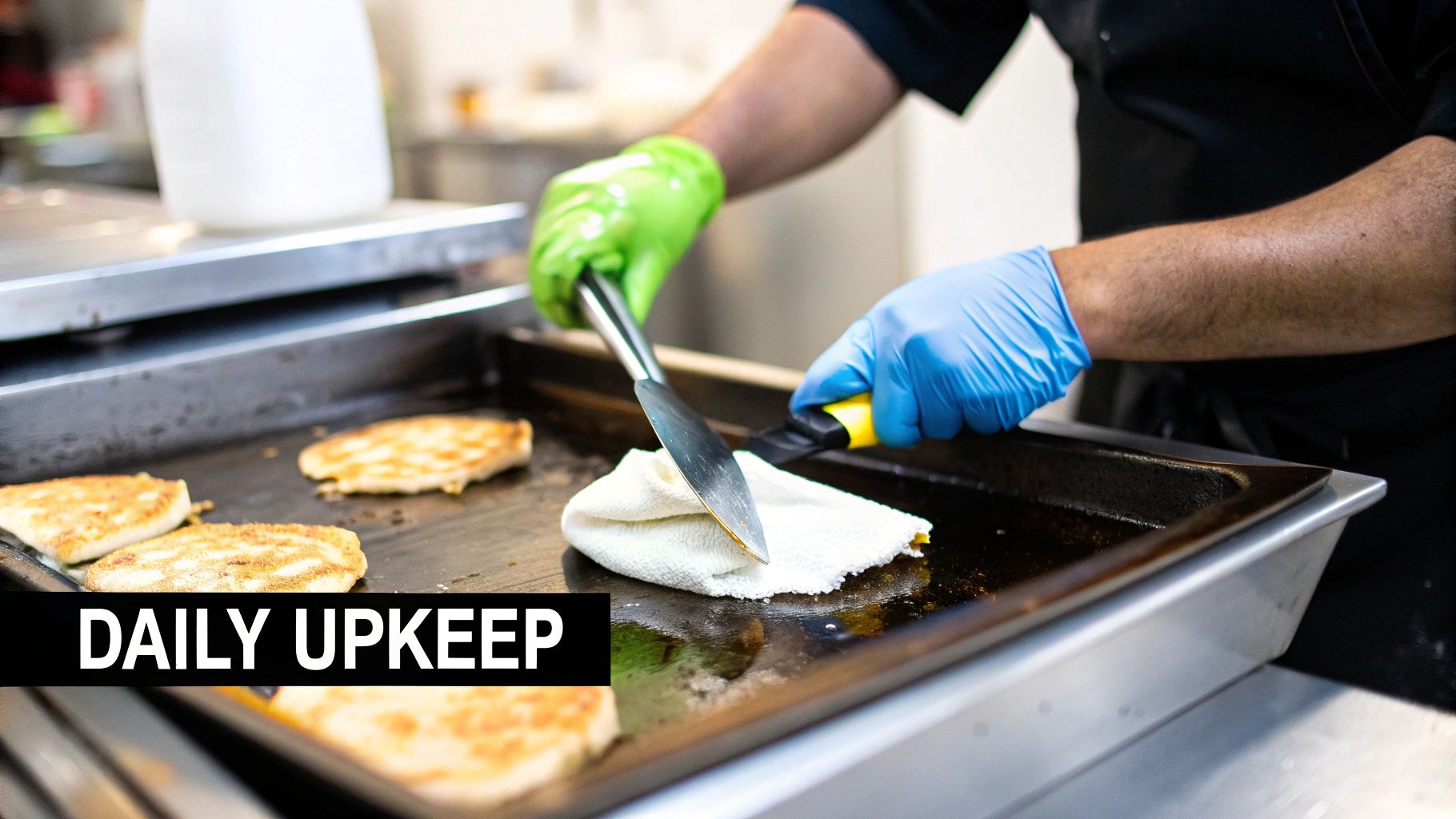A kitchen worker in gloves performing daily upkeep, scraping and wiping a commercial griddle.
