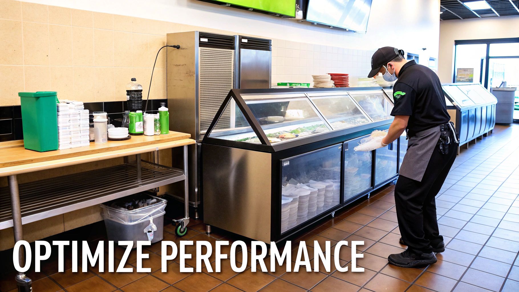 A food service worker in a mask and uniform stocks a commercial display cooler with food containers.