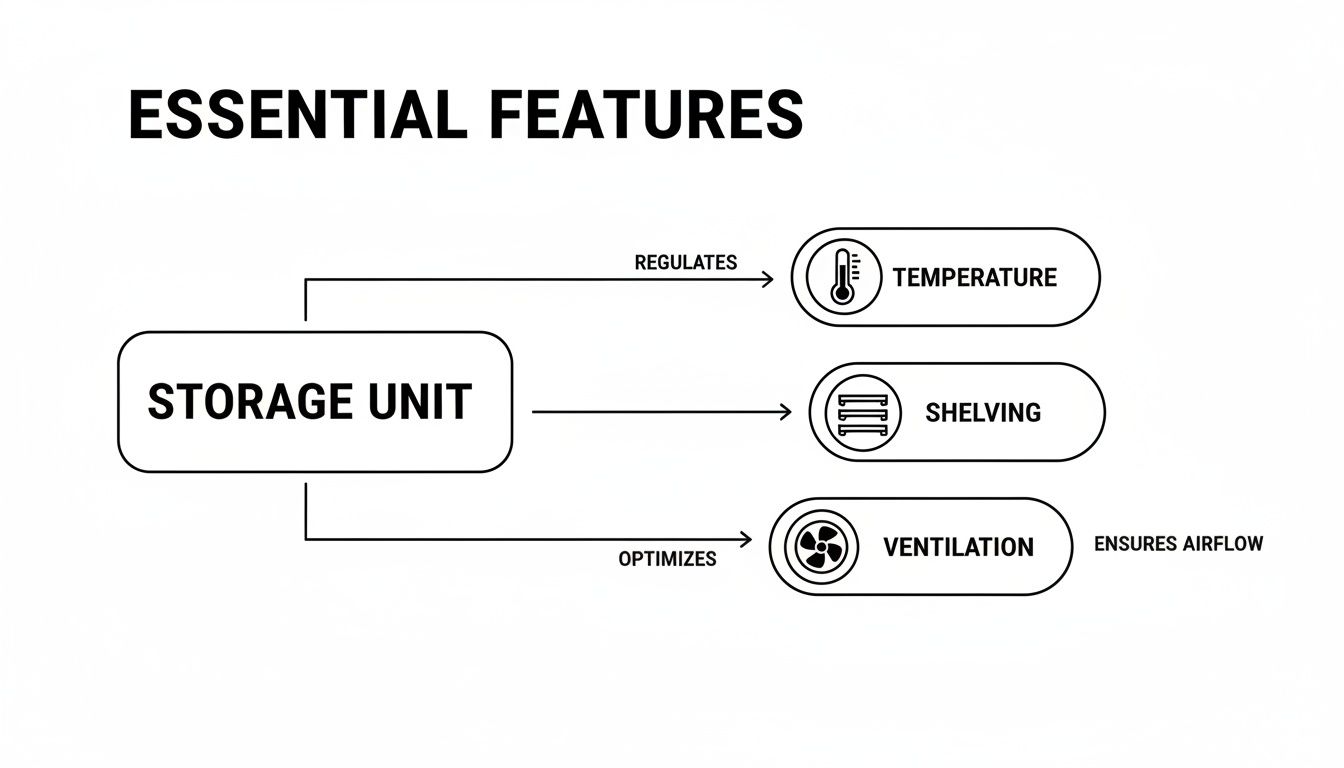 A flowchart detailing essential features of a storage unit, including temperature regulation, shelving, and optimized ventilation ensuring airflow.
