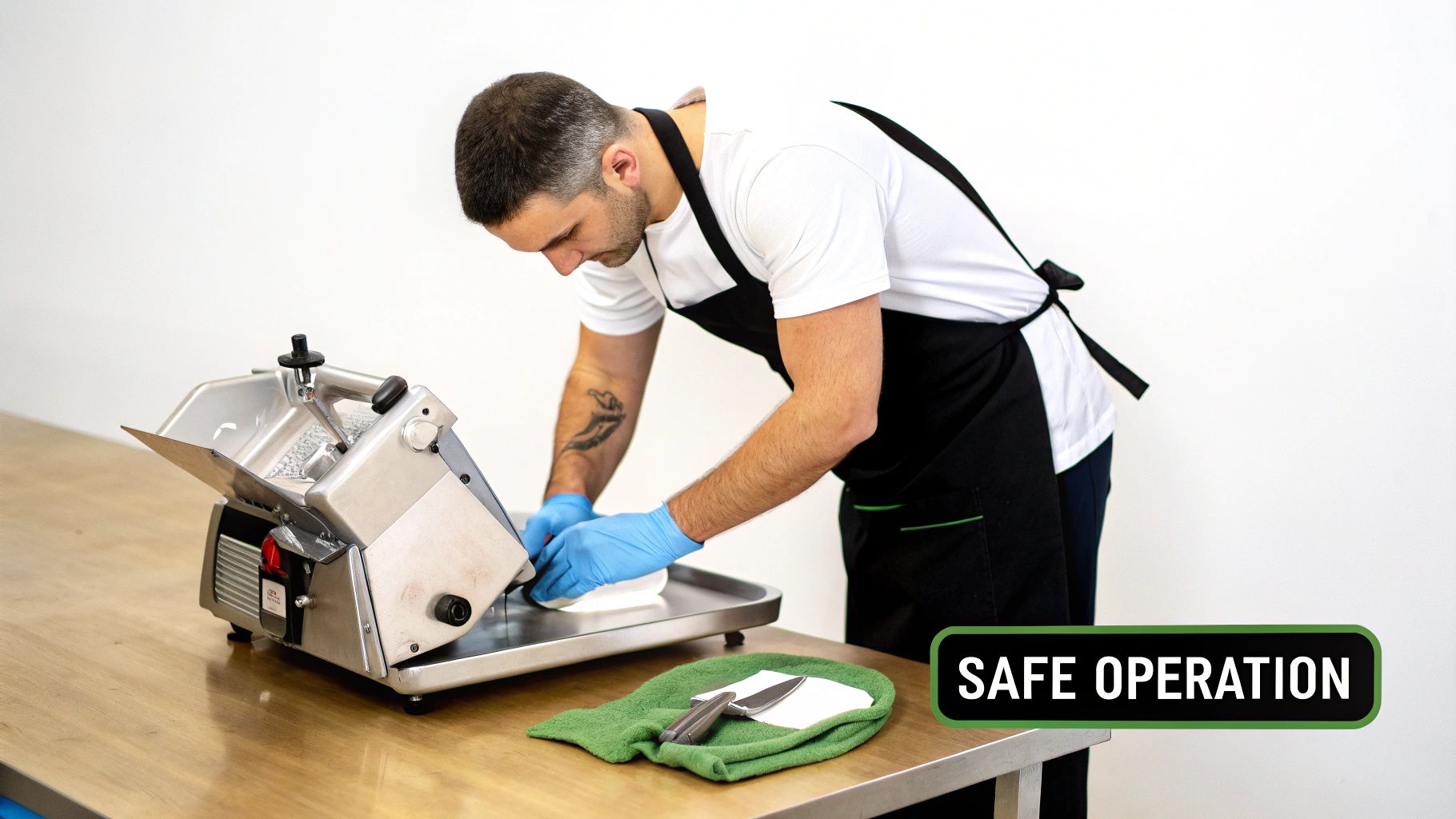 An operator carefully cleaning a disassembled industrial meat slicer, wearing protective gloves and using proper sanitation tools.
