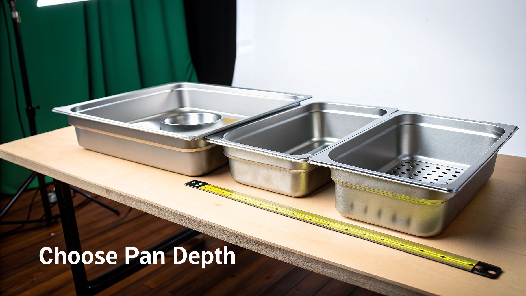 Three full-size stainless steel steam table pans of varying depths displayed on a wooden table.