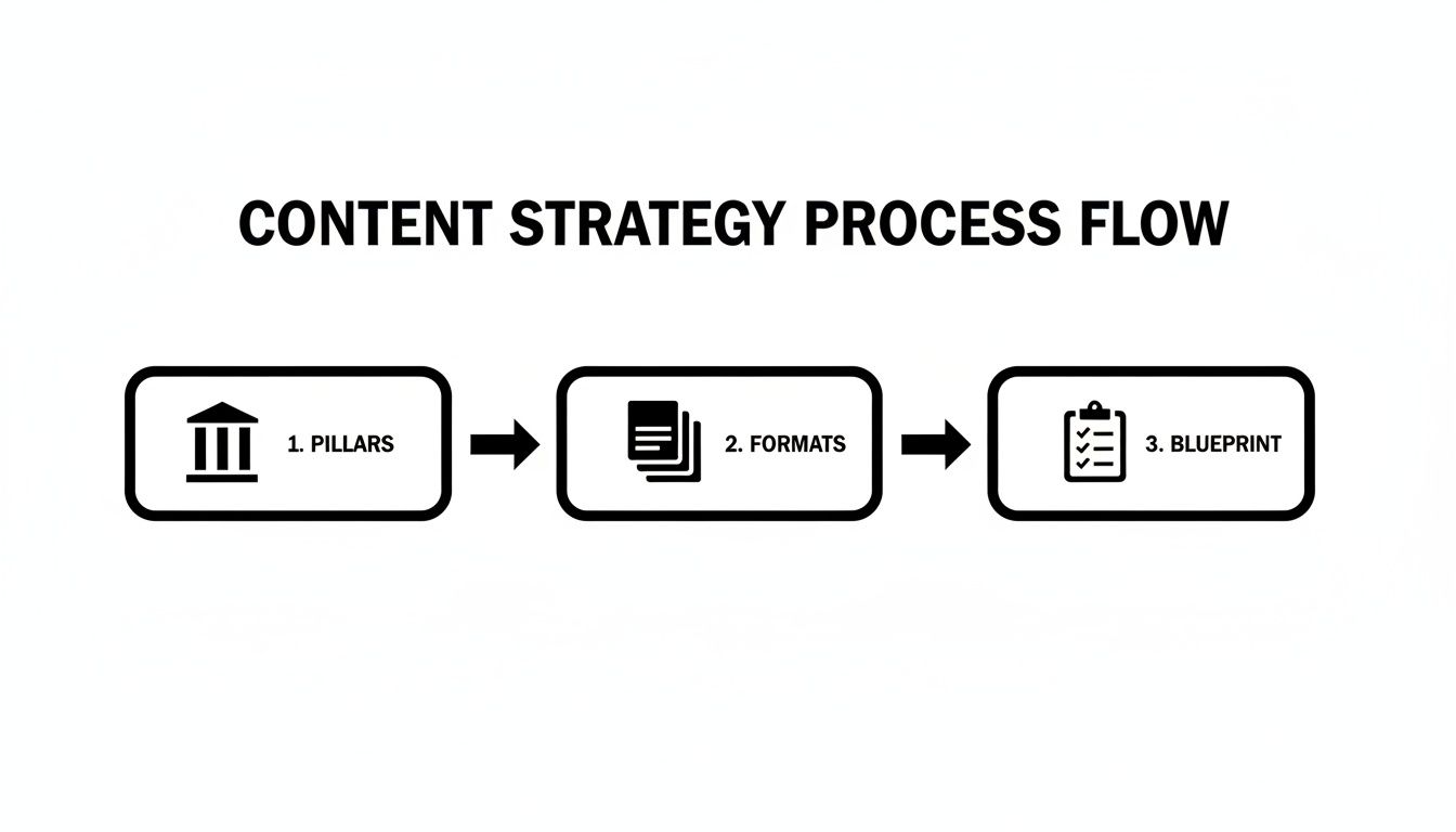 A content strategy process flow diagram showing three steps: Pillars, Formats, and Blueprint.