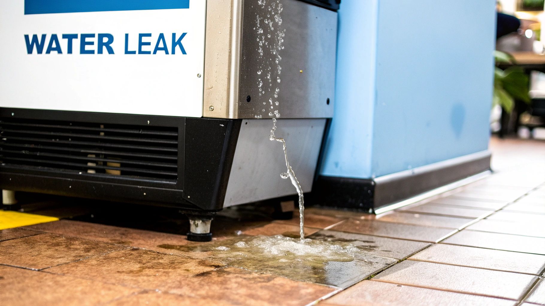 A commercial ice machine with a visible water leak on the floor, indicating a problem.