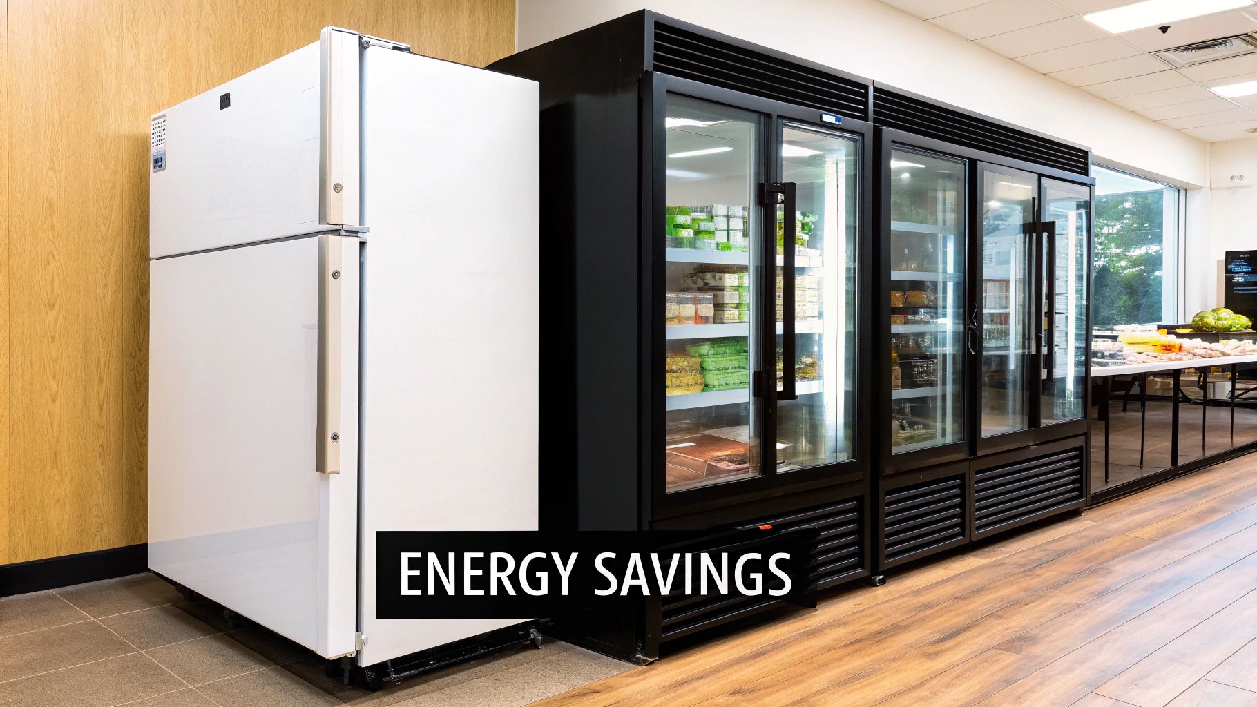 A white residential refrigerator next to black commercial glass-door refrigerators filled with food, displaying 'ENERGY SAVINGS'.