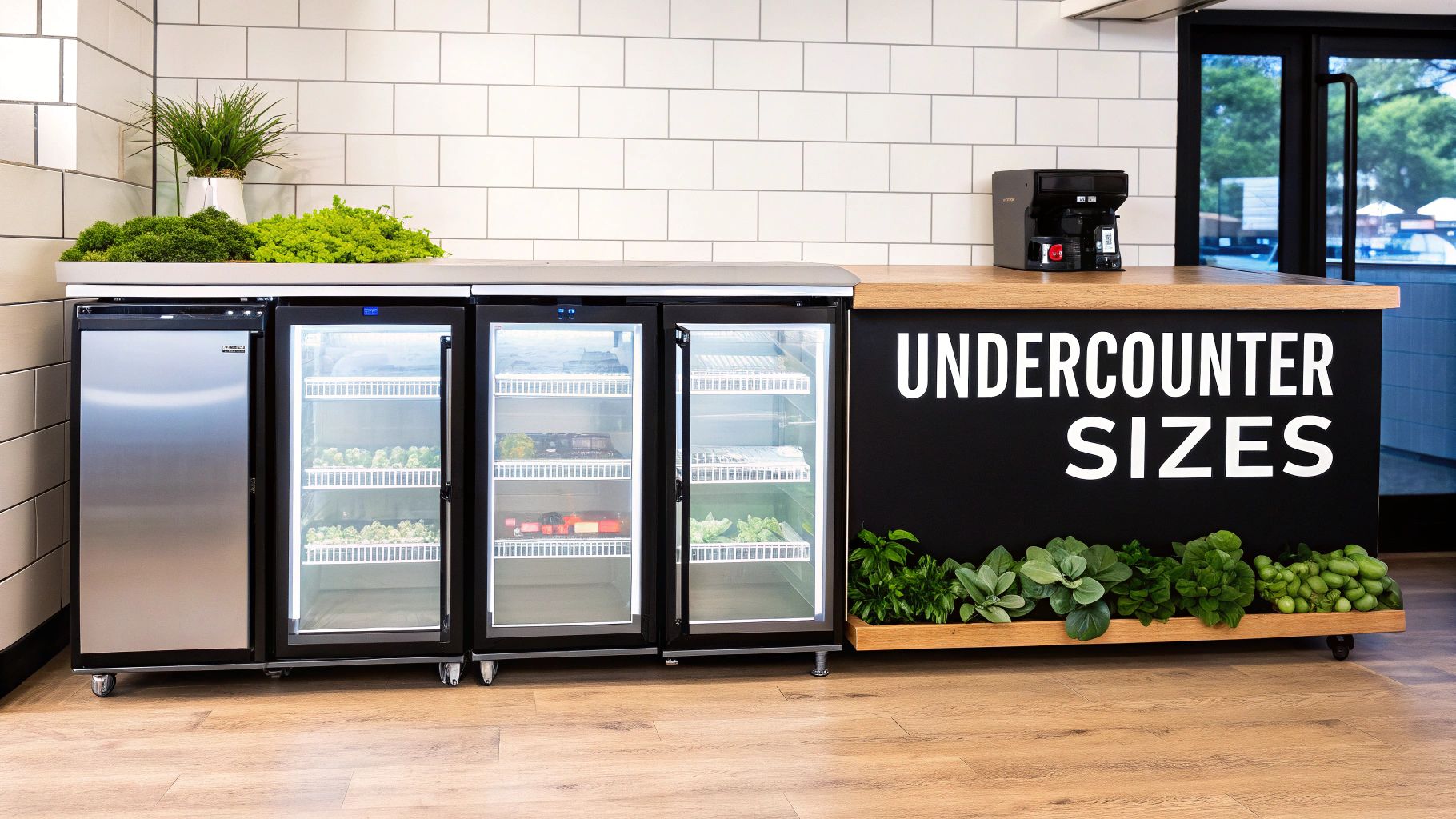 A modern kitchen counter featuring undercounter refrigerators filled with fresh produce and a coffee maker.