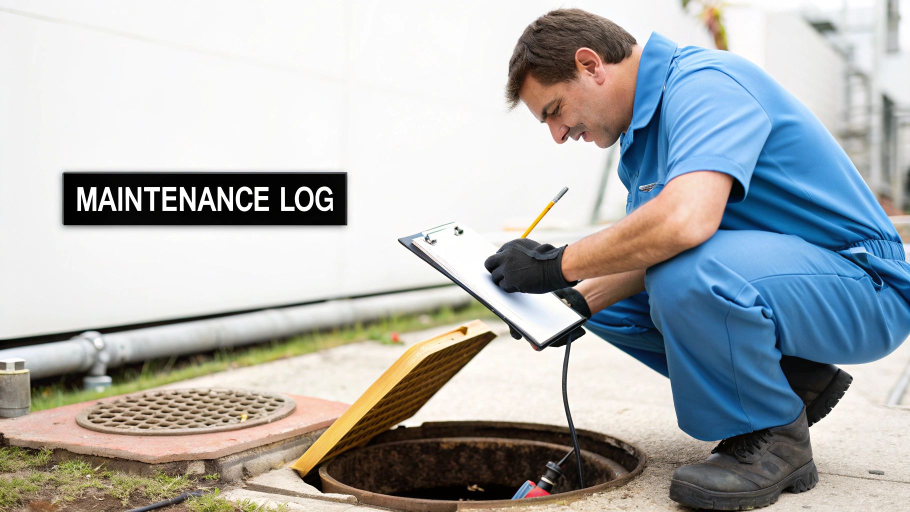A technician in blue overalls inspecting an open manhole, writing on a clipboard with a 'MAINTENANCE LOG' sign.