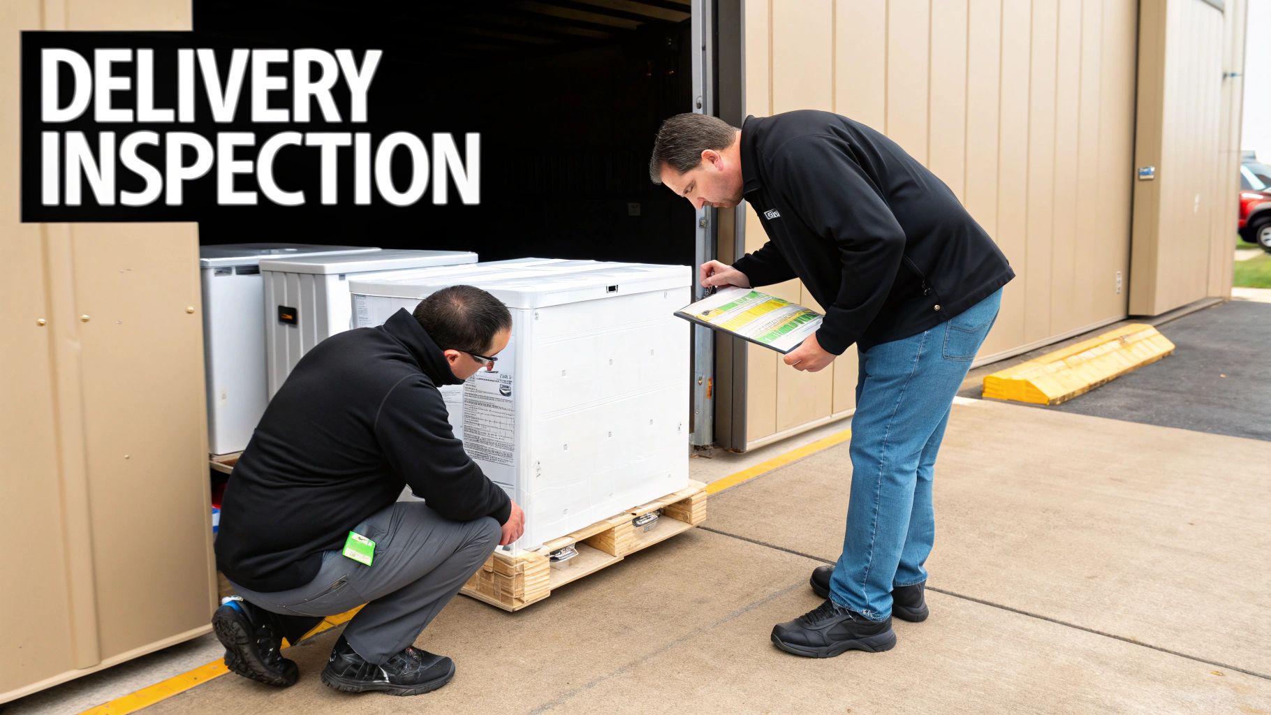 Two men are performing a delivery inspection of a large white appliance at a loading dock.