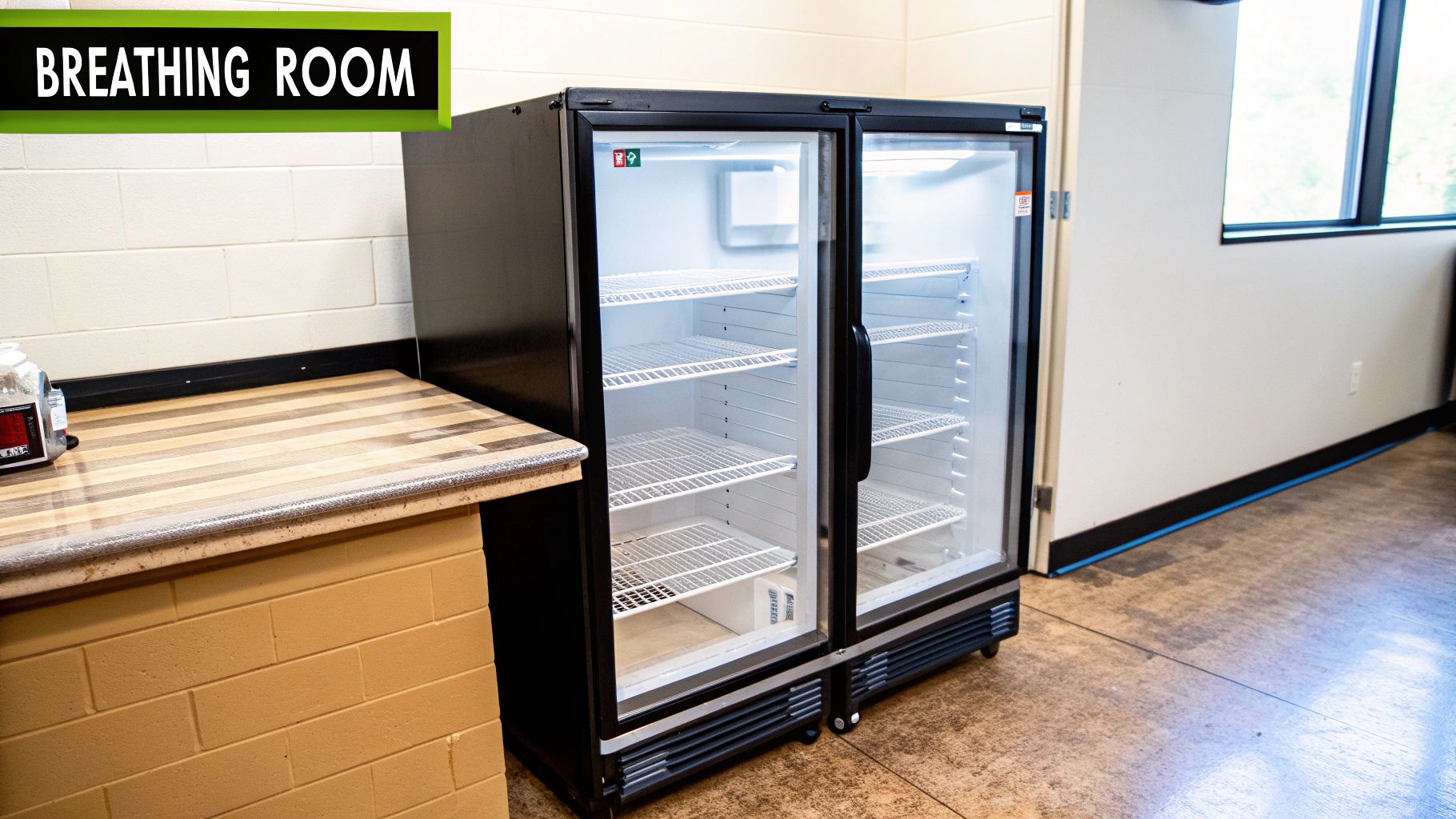A two-door commercial refrigerator with glass doors and empty shelves, next to a counter, in a 'Breathing Room'.