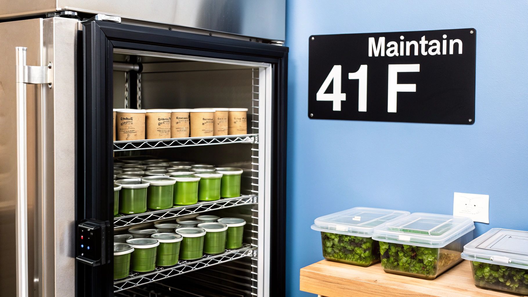 An open commercial refrigerator filled with various food containers, next to a "Maintain 41 F" sign.