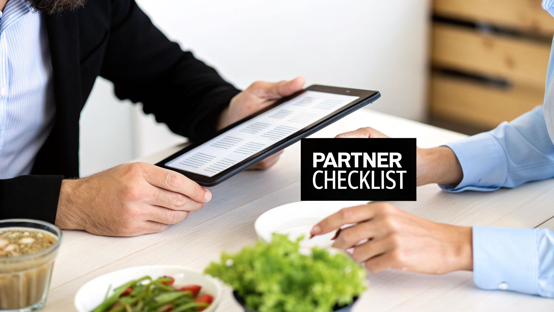 Two people review a 'Partner Checklist' on a tablet during a business meeting or lunch.
