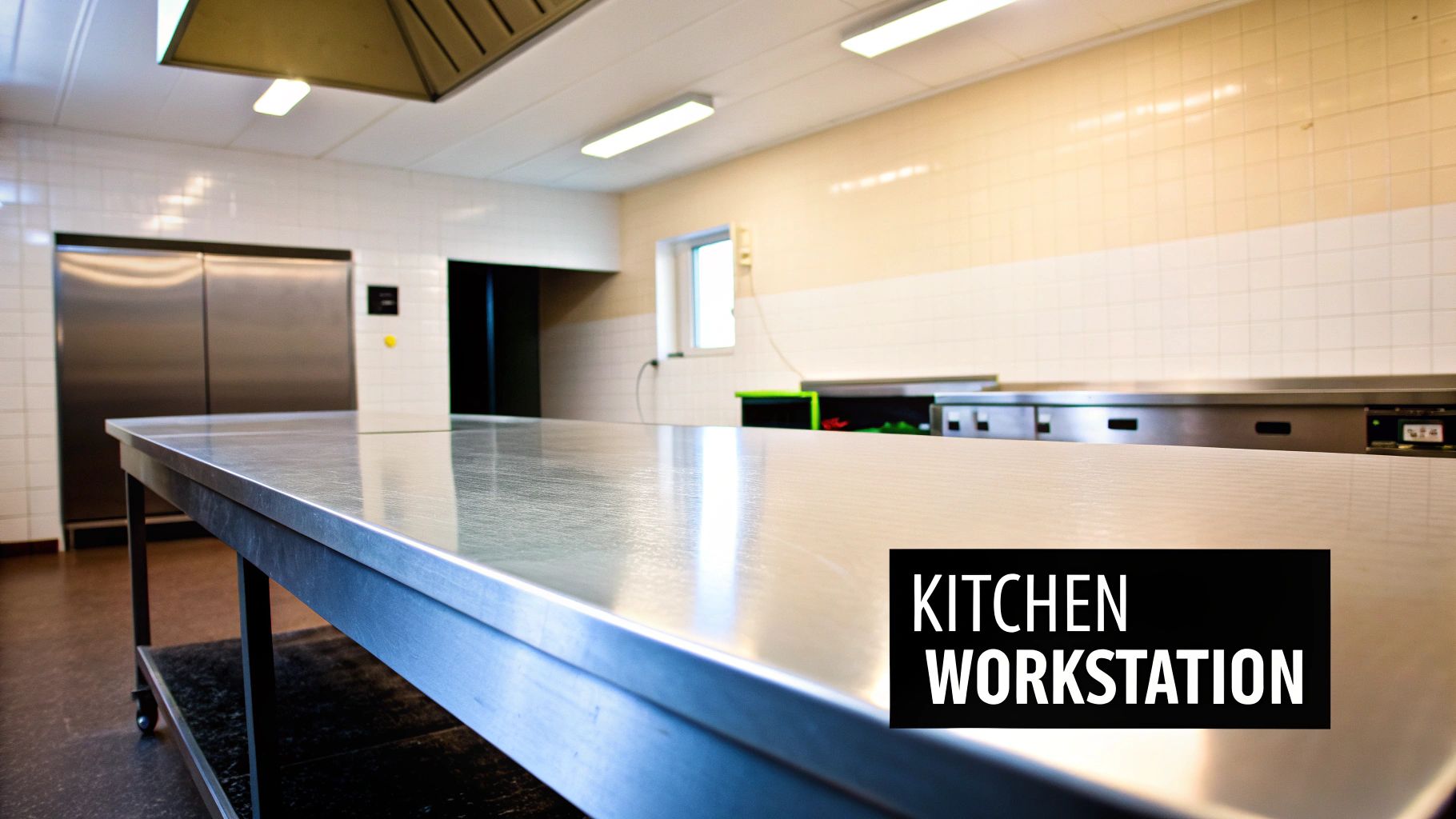 A clean, empty professional kitchen with a large stainless steel work table and commercial appliances.