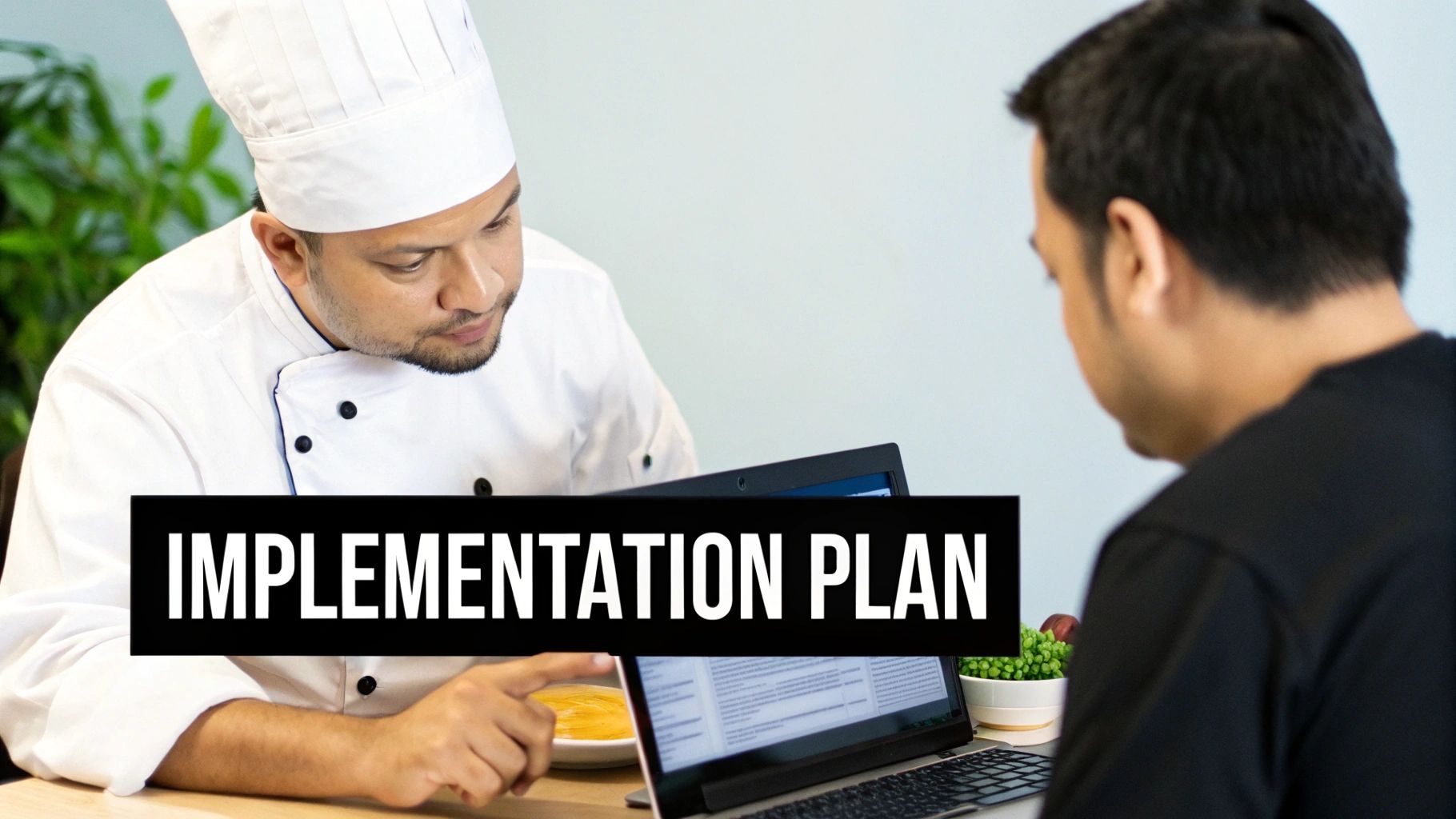 A chef points at a laptop screen to a man, discussing an implementation plan.