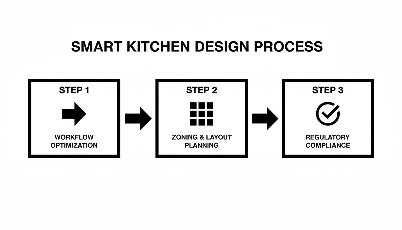 Flowchart detailing the smart kitchen design process with steps for workflow optimization, layout planning, and regulatory compliance.