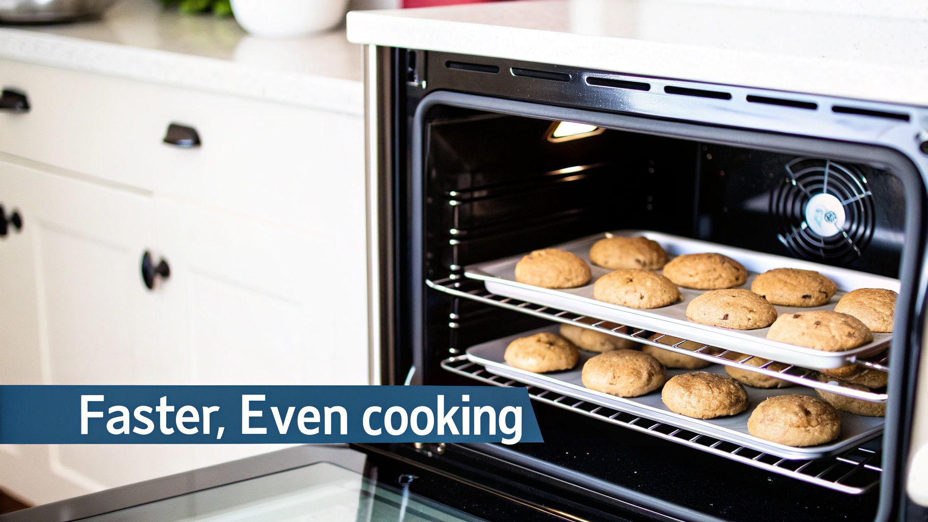 Close-up of golden cookies baking on two racks inside a modern convection oven.