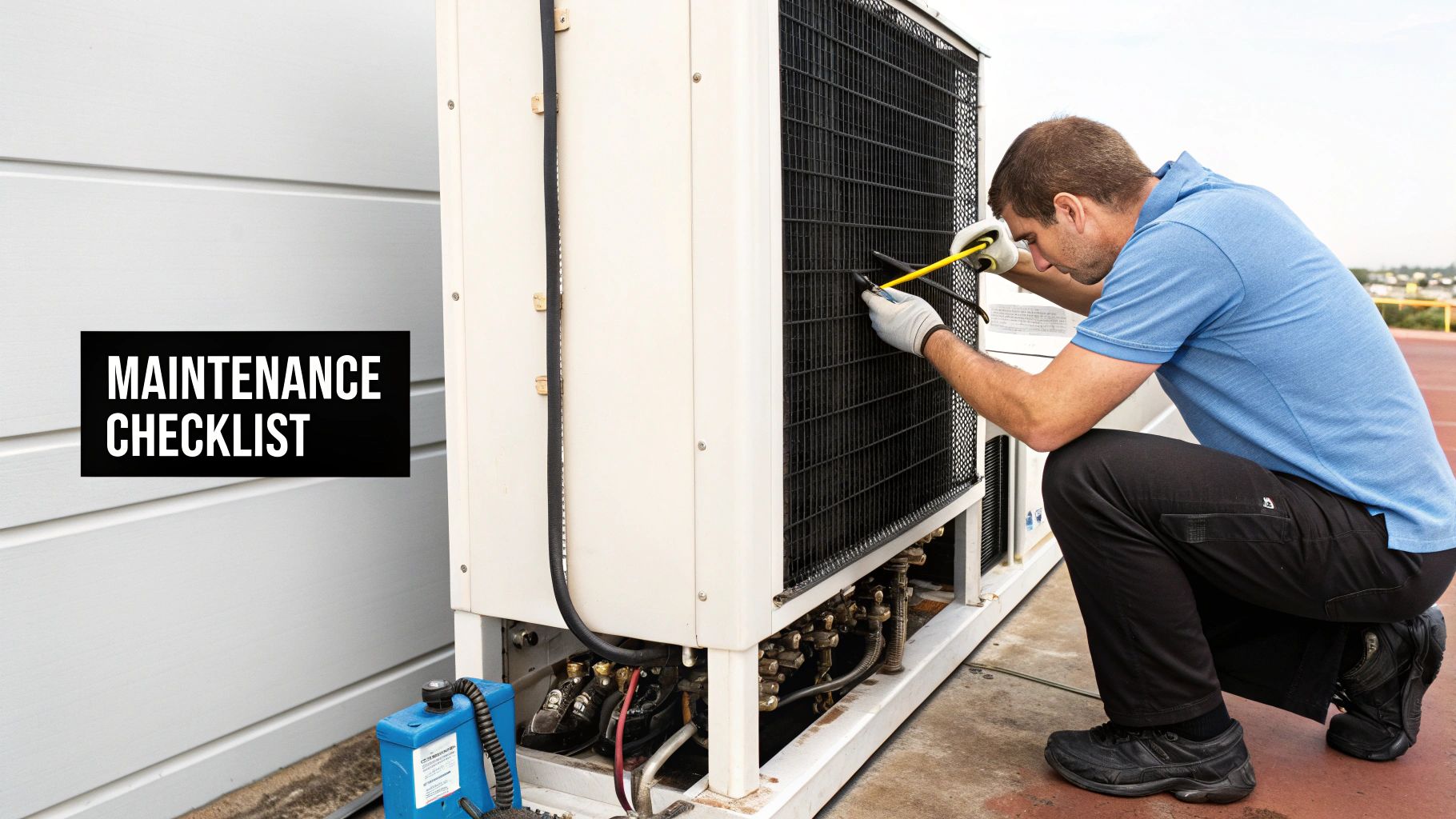 A technician cleaning the condenser coils of a walk in freezer unit.