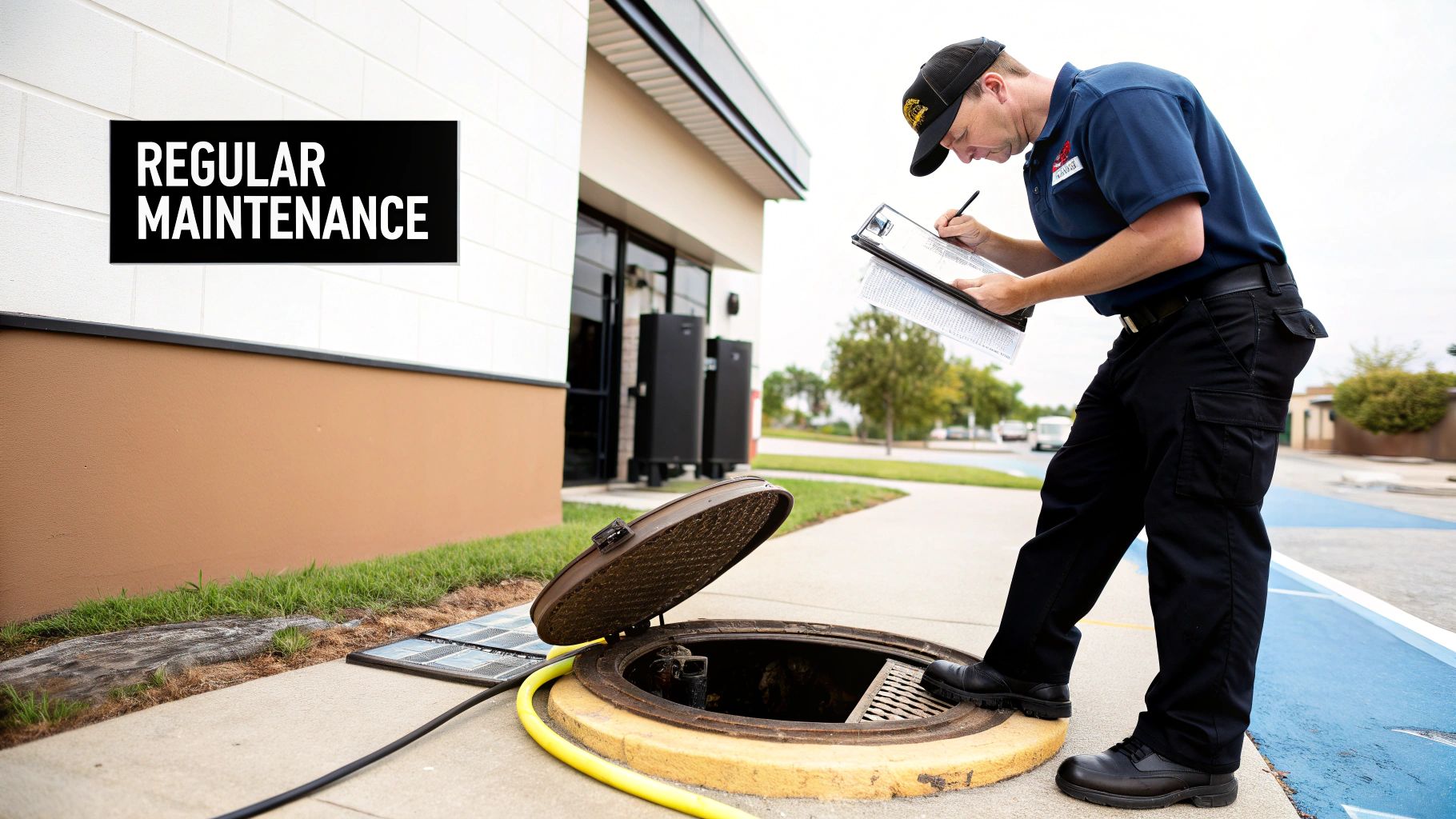 A maintenance worker inspects an open grease interceptor near a building, taking notes on a clipboard.