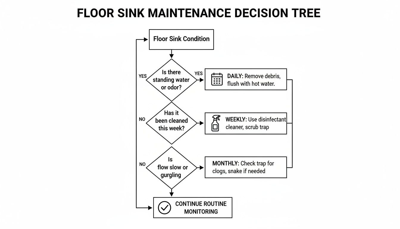 Flowchart illustrating floor sink maintenance steps, including daily checks for water/odor, weekly cleaning, and monthly clog inspection.