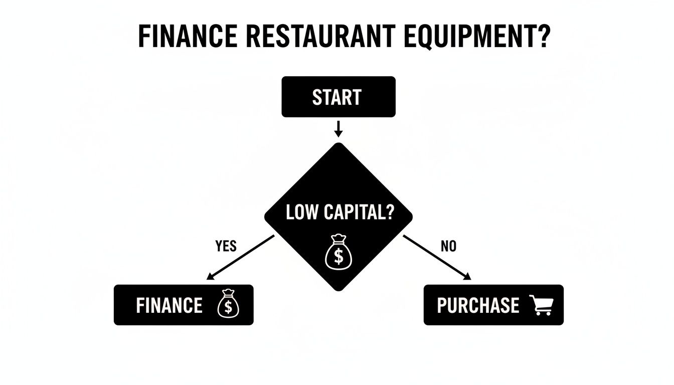 A flowchart showing the decision process for financing or purchasing restaurant equipment based on capital.