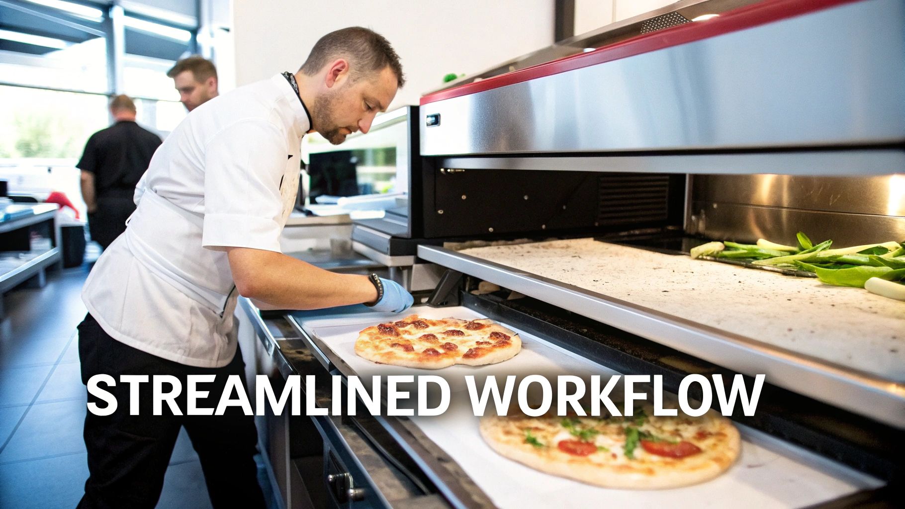 A chef preparing a pizza on a stainless steel prep table, showcasing an efficient kitchen workflow.