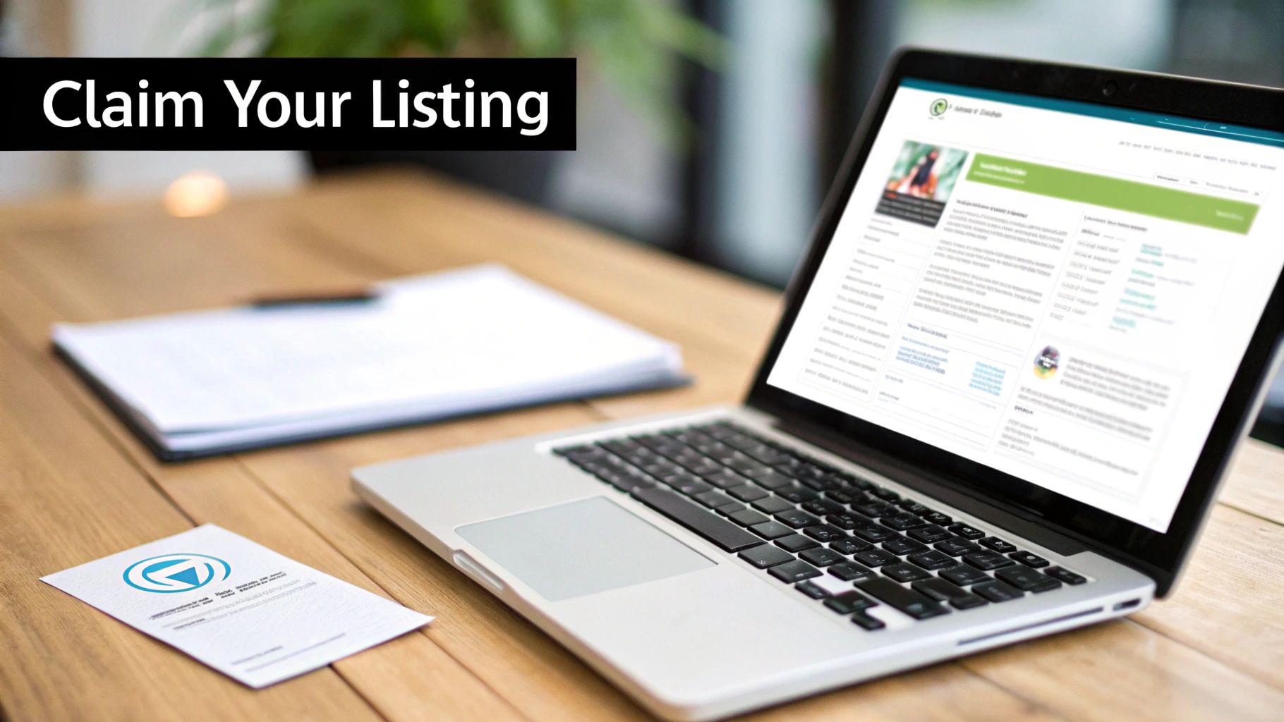 A laptop on a wooden desk displays a website, with a business card and papers nearby, illustrating how to claim your listing.