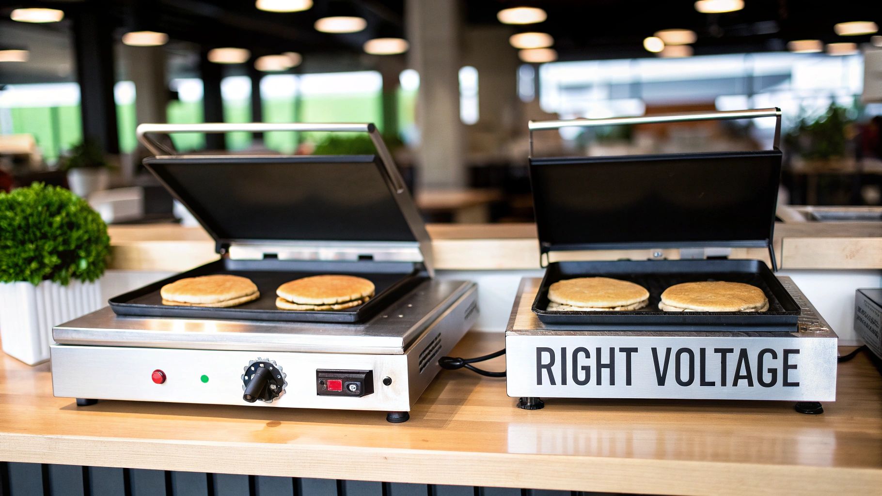 Two open commercial pancake griddles with cooked pancakes sitting on a wooden counter.