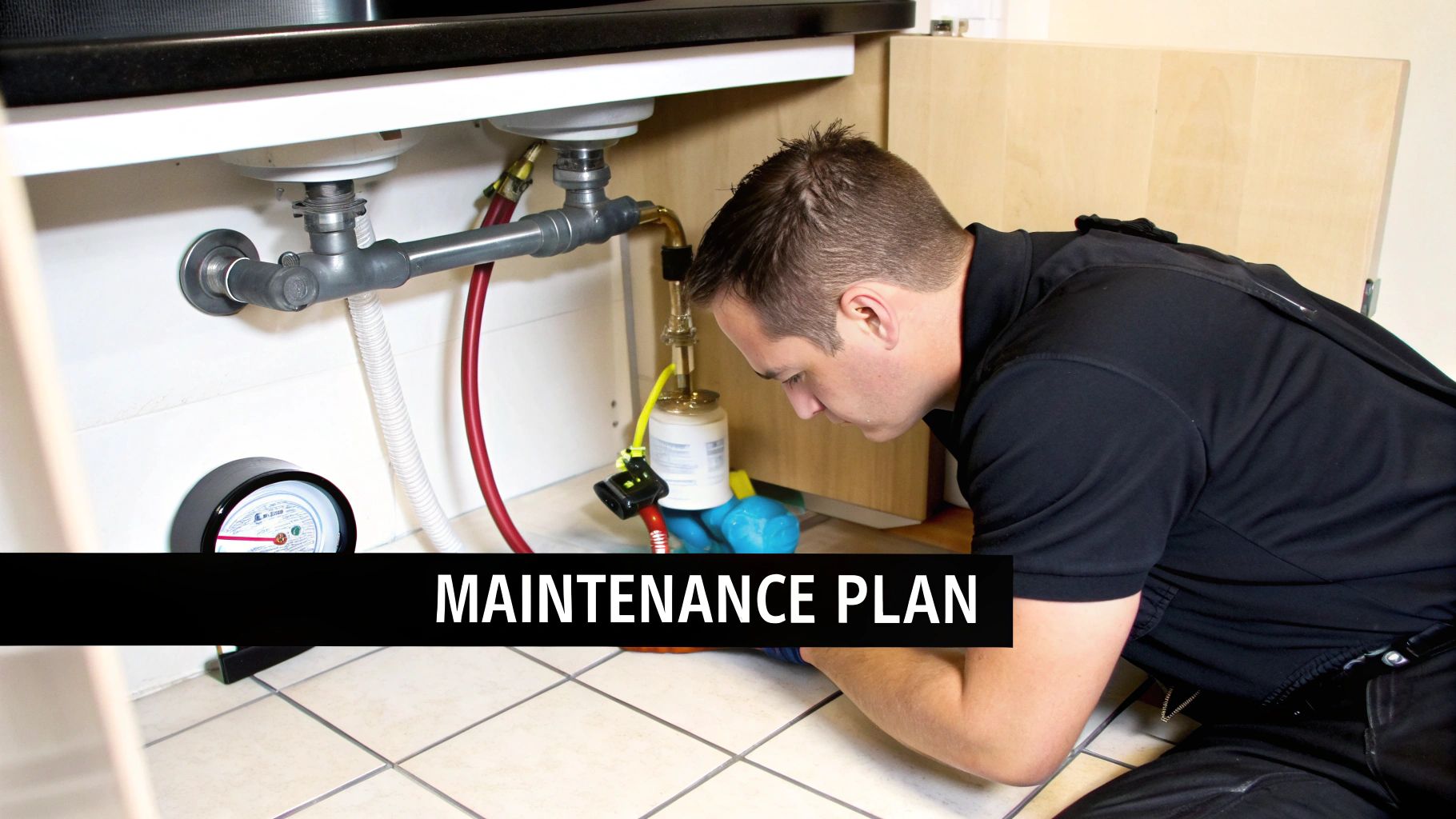 A technician inspecting a water filtration system installed under a kitchen sink.