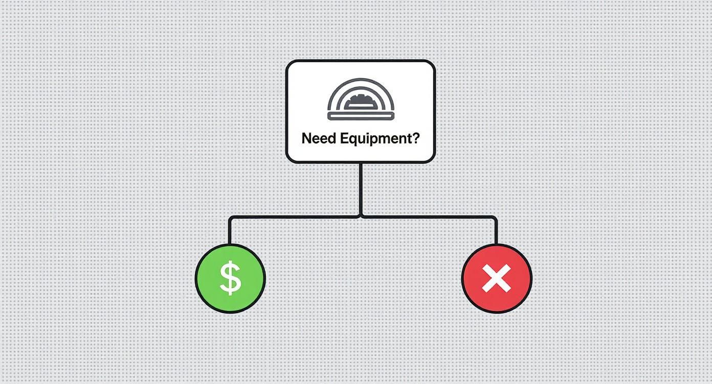 Flowchart asking 'Need Equipment?' with options for financing (dollar sign) or no equipment (red X).
