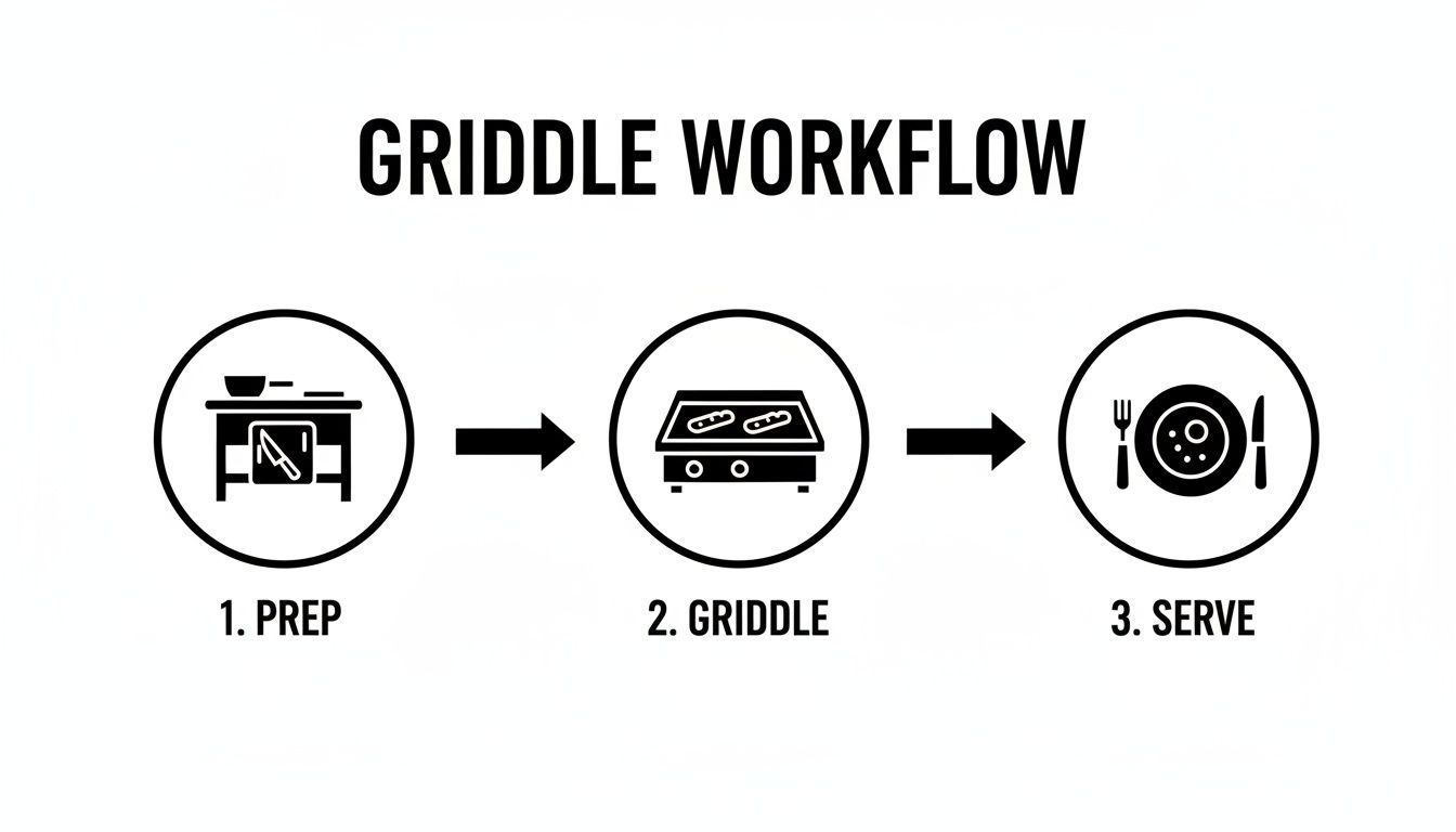 A three-step griddle workflow diagram showing preparation, cooking on a griddle, and serving food.