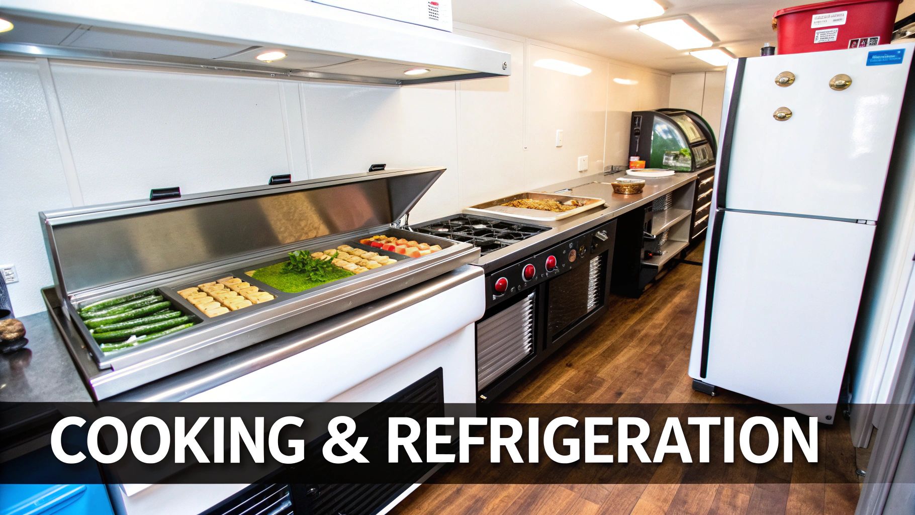 A modern commercial kitchen in a food truck or mobile unit, featuring cooking range, refrigerated prep station, and fridge.