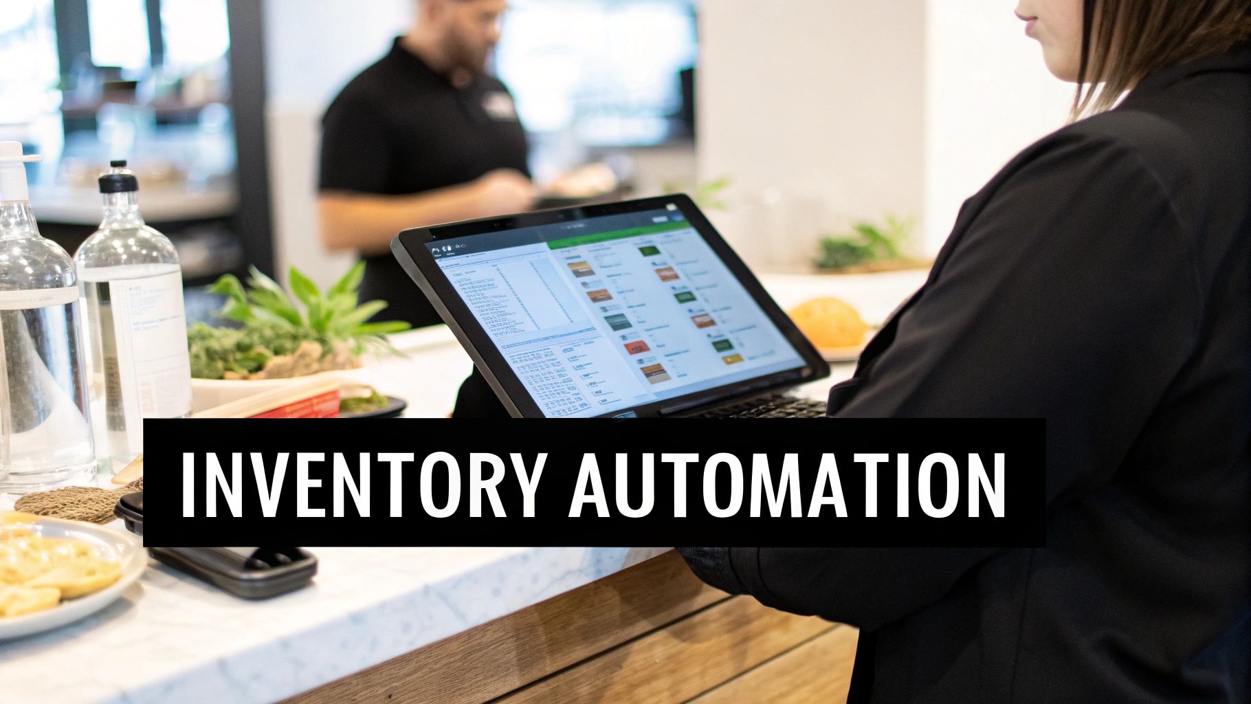 A chef using a tablet to manage restaurant inventory in a modern kitchen setting