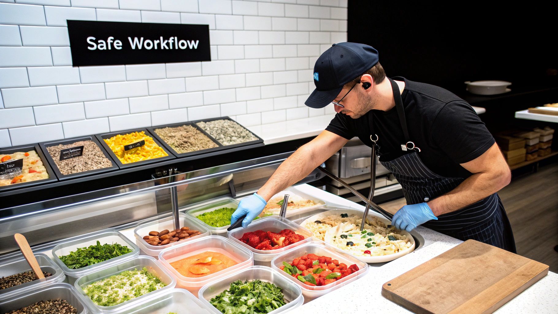 A chef's hands carefully arranging toppings on a pizza using a commercial prep table.