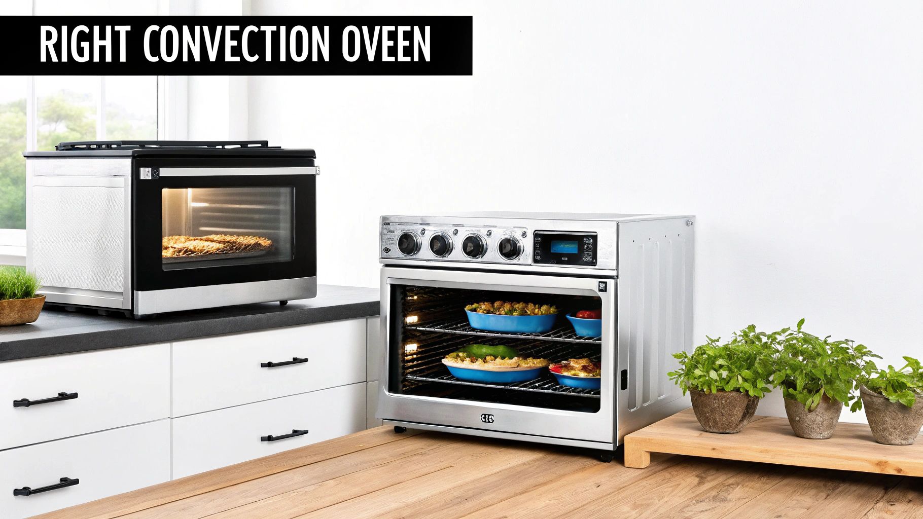 A professional-grade, stainless steel convection oven in a commercial kitchen setting