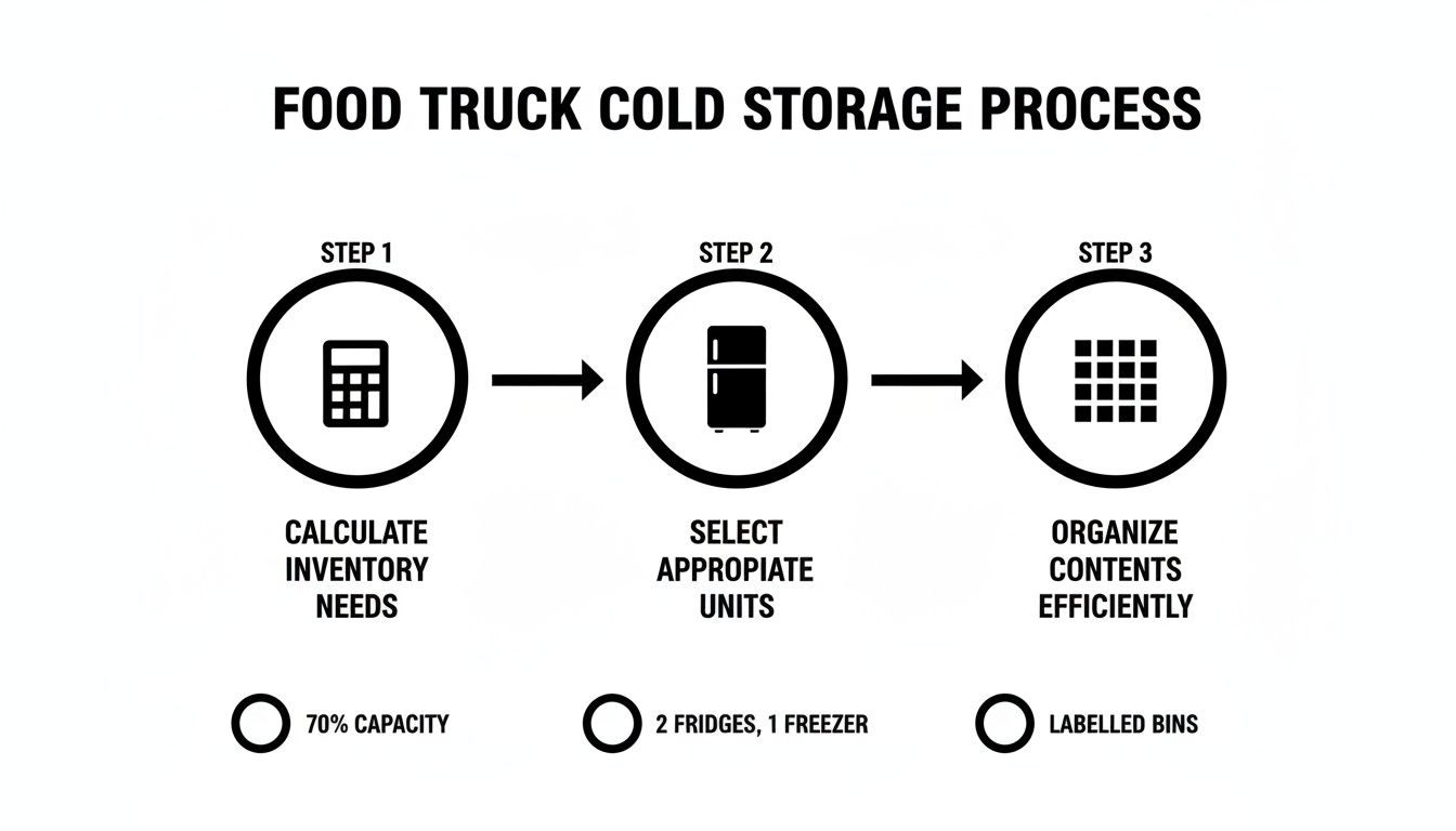 Diagram illustrating the food truck cold storage process with steps for inventory, unit selection, and efficient organization.
