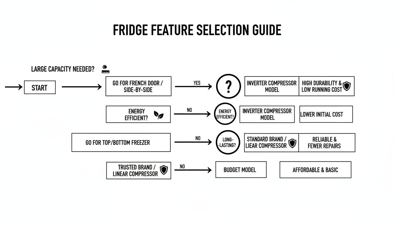 A flowchart guiding the selection of a fridge based on capacity, energy efficiency, and compressor type.