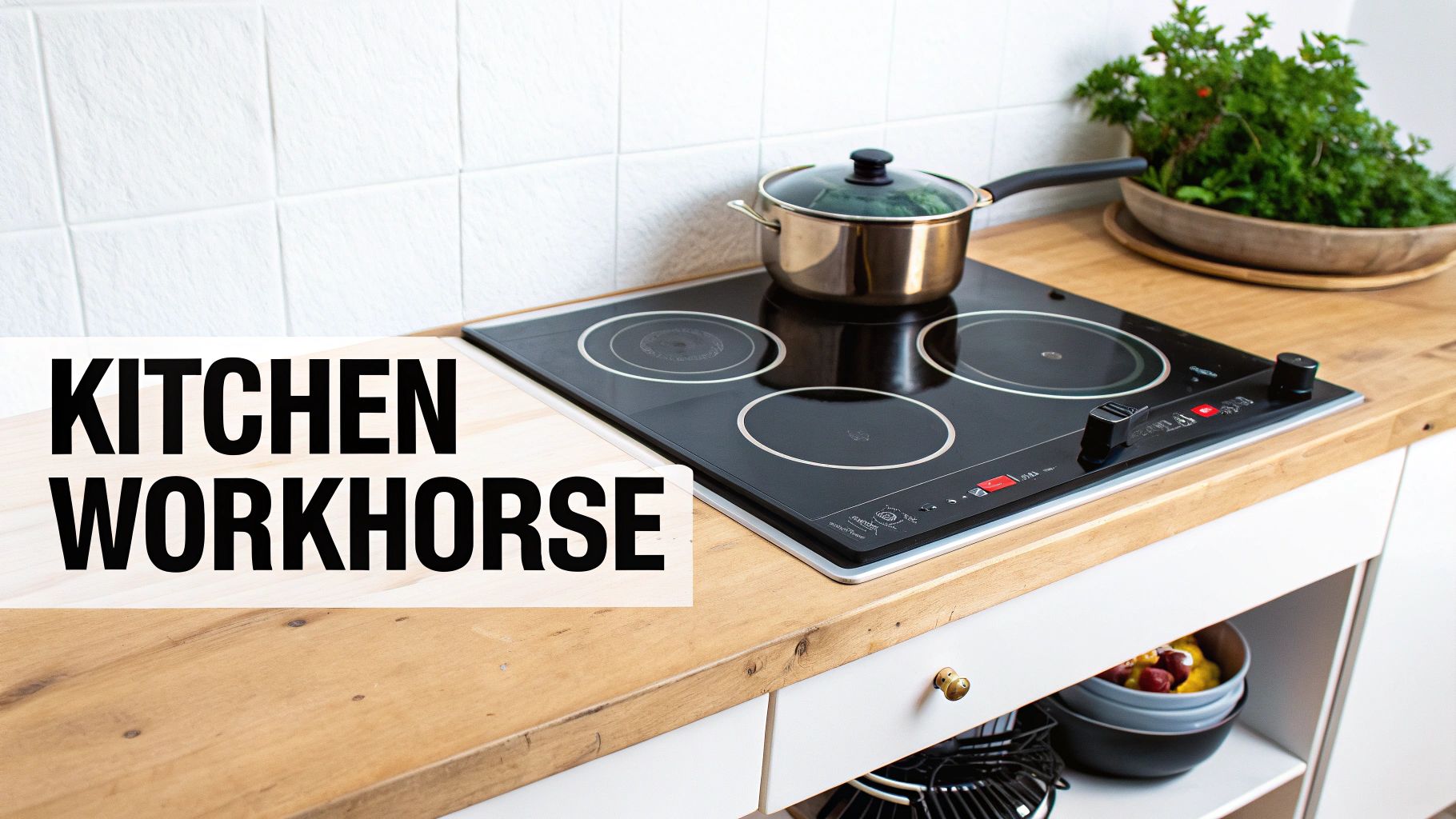 Modern triple induction hot plate cooktop with stainless steel pot on wooden kitchen counter