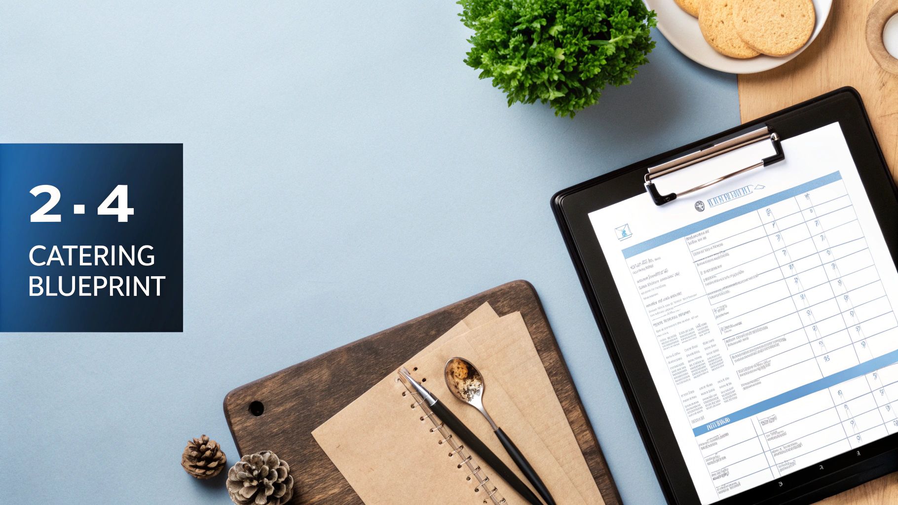 Flat lay of a catering blueprint with a clipboard, notebook, pen, spoon, and cookies.