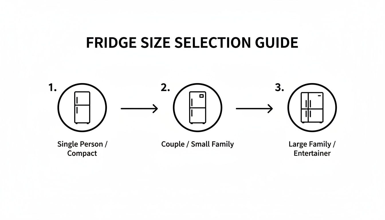 A fridge size selection guide illustrating recommended refrigerator sizes for different household needs.